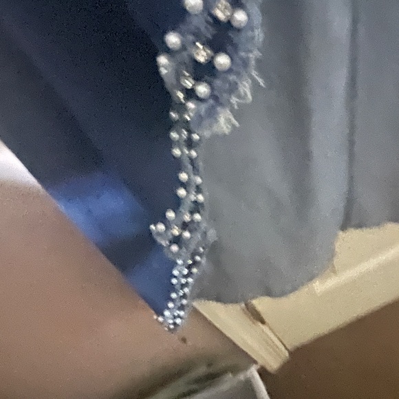 Fancy blue denim, rhinestone and pearl bordered hi lo denim jacket. - Picture 7 of 9